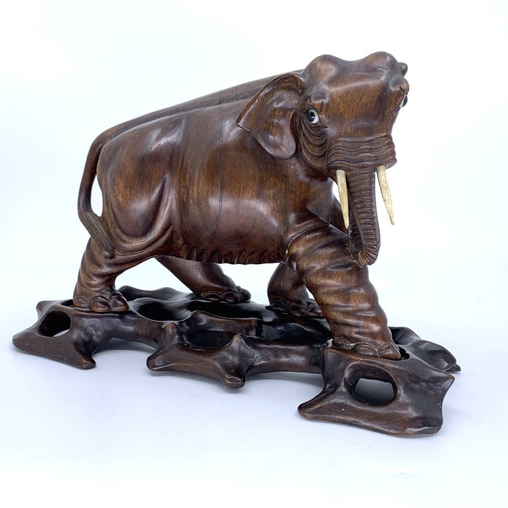 Vintage Thai Hand Carved Teak Wood Elephant Statue w Carved Base 6.5" Hard Wood - Picture 3 of 15